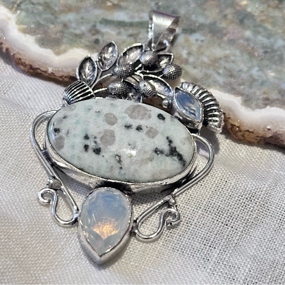 Hand Crafted Floral Leaf Pendant KIWI JASPER White Speckled & Opalite Accent